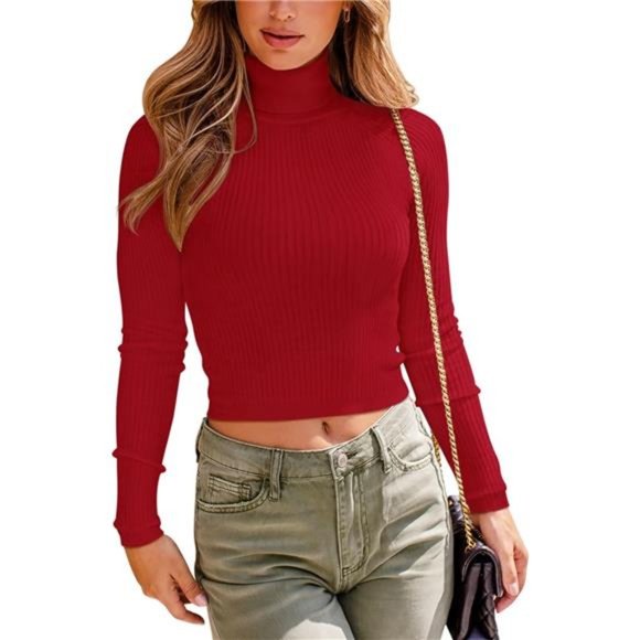 Mock Turtle Neck Long Sleeve Tight Ribbed Tops Cropped Sweaters For Women - Picture 1 of 6